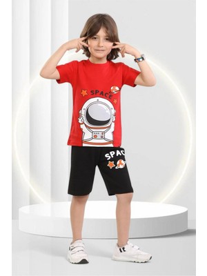 Veramoni Yazlık  Çocuk Space  Baskılı Kısa Kollu Bisiklet Yaka T-Shirt Şort  Alt Üst Takım
