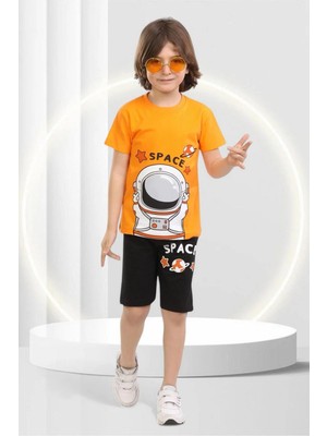 Veramoni Yazlık  Çocuk Space  Baskılı Kısa Kollu Bisiklet Yaka T-Shirt Şort  Alt Üst Takım