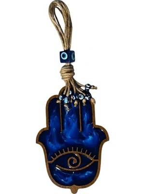 Hamsa Eli Nazar Boncuğu Duvar Süsü, El Yapımı Ahşap Dekor (Mavi)