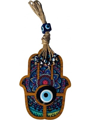 Hamsa Eli Nazar Boncuğu Duvar Süsü, El Yapımı Ahşap Dekor (Renkli Mor)