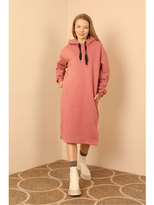Moda Şardonlu 3 Iplik Kumaş Kapüşonlu Kadın Elbise-Gül Kurusu