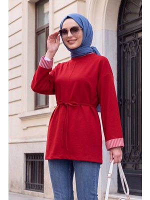 Moda Morfo Yırtmaçlı Bisiklet Yaka Beli Bağlamalı Penye Sweat -Kırmızı