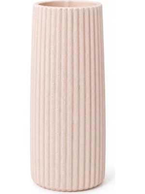 Rafta Plastik Dekoratif Vazo, Oluklu Doku, Silindir Tasarım, Bej, 15 cm
