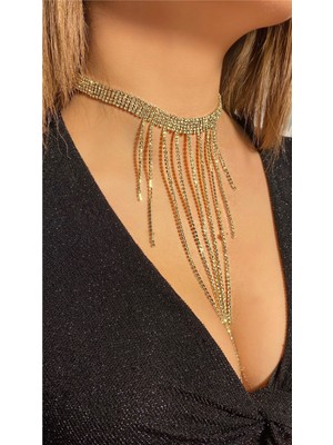Mupte Jewelry Kristal Taşlı Seyrek Saçaklı Choker Kolye Gold