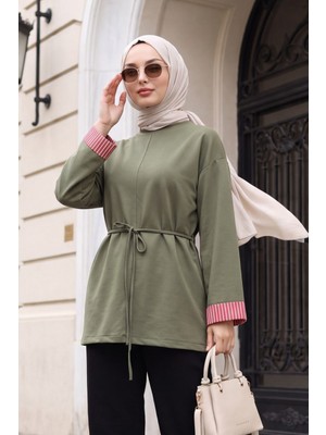 Moda Morfo Yırtmaçlı Bisiklet Yaka Beli Bağlamalı Penye Sweat -Haki