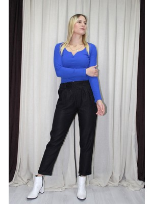 Moda Duble Paça Yün Efekt Pantolon Siyah - 1362