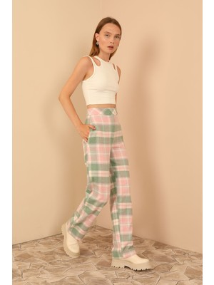 Moda Ekose Kumaş Rahat Kalıp Kadın Pantolon-Pembe