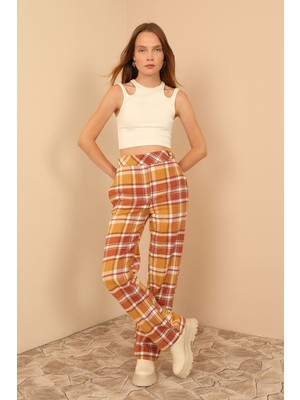 Moda Ekose Kumaş Rahat Kalıp Kadın Pantolon-Taba