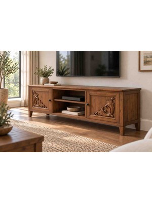 Hyk Atölye Çam Ahşap Cnc Rölyefli Tv Ünitesi – Ceviz, 160 × 40 × 55 cm