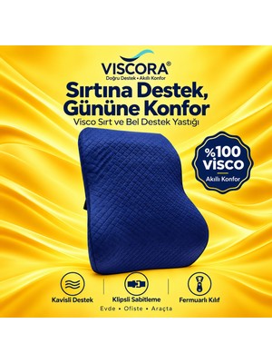 Viscora Araba Sırt Minderi –ofis Koltuk Sırt Minderi Ergonomik %100 Visco Klipsli Bel Destek Yastığı, Lacivert 45×40×13 cm
