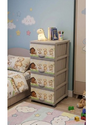 Lees home Leeshome Büyük Boy Krem 4 Çekmeceli Plastik Komodin Desenli Çocuk Oyuncak Dolabı