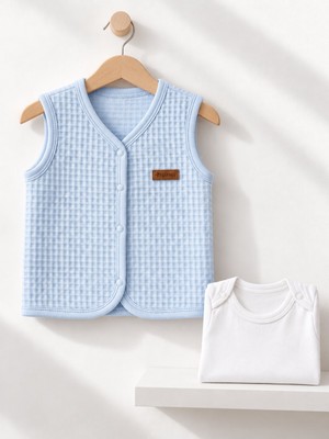 3 Yaş Bebek 2’li Set – Gümüş Açık Mavi Dokulu Yelek ve Yumiyumm Beyaz Uzun Kollu Badi