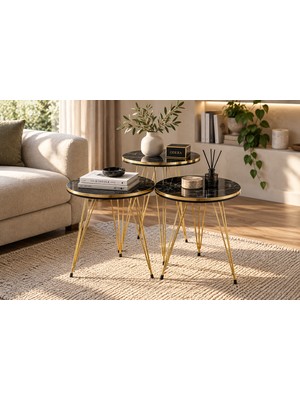 Odera Çift Bendir Siyah Mermer Desenli Yuvarlak Zigon Sehpa 3'lü Set Tel Metal Ayaklı Retro Salon Sehpası