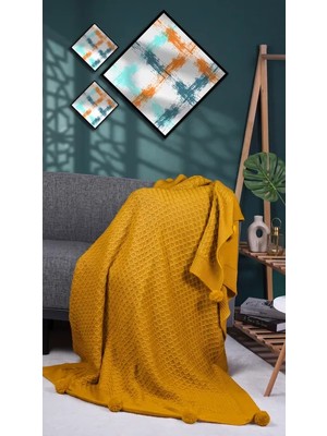 Doux Home Collection Yeliz Triko Örgülü Tv Battaniyesi 10 Ponponlu 130 x 170  cm (( HARDAL ))