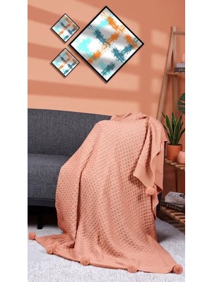 Doux Home Collection Yeliz Triko Örgülü Tv Battaniyesi 10 Ponponlu 130 x 170  cm (( PUDRA ))