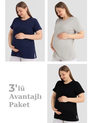 Grey Cat Delux Serisi Gündelik Düz Renk Basit Stil Pamuklu Kısa Kollu Hamile Tişört 3'lü Paket