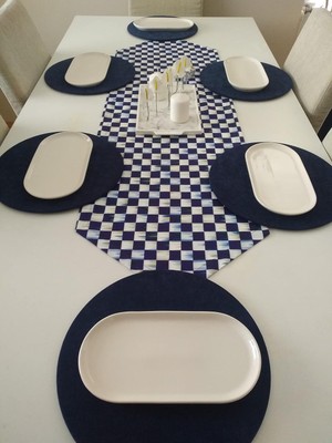 Odea Tr Ayşemce Amerikan Servis Takım (Yağlı Boya Efektli Lacivert Dama Desen 1 Runner 6 Lazivert Supla) A-HOME248