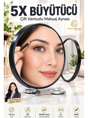 Odea Tr 14CM 5x Büyüteçli Çift Vantuzlu Makyaj Aynası Akrilik Cam Siyah Kozmetik Bakım Aynası 723616