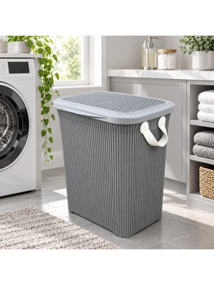 Die Grup 45 L Kapaklı Kirli Çamaşır Sepeti | Modern Çizgili Tasarım | Taşıma Kulplu | Dayanıklı Plastik | Banyo, Çamaşır Odası ve Yatak Odası Için | 40 x 34 x 47 cm (Açık Gri)