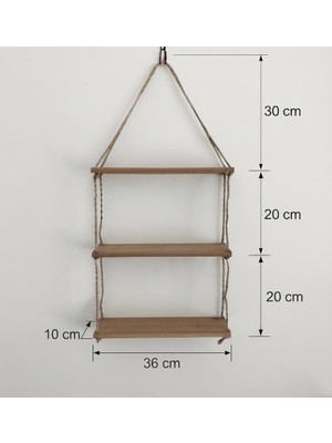 Die Grup 3 Katlı Ahşap Askılı Duvar Rafı, Jüt Ipli, 36X10 cm
