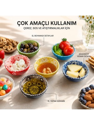 Die Grup Seramik 6'li Kase Seti El Yapımı Çerezlik, Reçellik, Sosluk & Kahvaltılık Sunum Takımı Elde Boyanmış Renkli Desenli Dekoratif Mini Kaseler Yeni Ev & Söz Nişan Butik Hediyesi, Daisy Madley