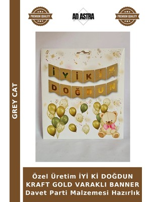 Grey Cat Özel Üretim Iyi Ki Doğdun Kraft Gold Varaklı Banner Davet Parti Malzemesi Hazırlık