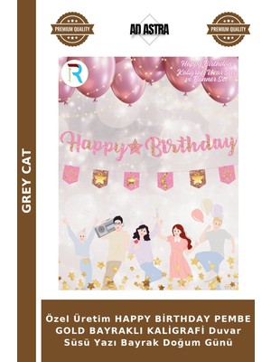 Grey Cat Özel Üretim Happy Birthday Pembe Gold Bayraklı Kaligrafi Duvar Süsü Yazı Bayrak Doğum Günü
