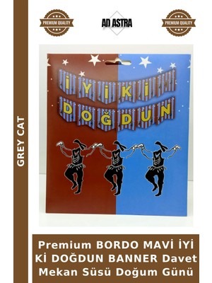 Grey Cat Premium Bordo Mavi Iyi Ki Doğdun Banner Davet Mekan Süsü Doğum Günü
