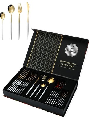 Rafta 410 Çelik 24 Parça Beyaz Gold Yemek Kaşık Çatal Bıçak Seti CIN518BYSR