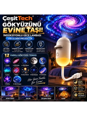 Rafta Çeşittech 12 Görsel Diskli Gece Projektörü, USB Mini Gece Lambası, Ay Galaksi ve Yıldız Desenli Ortam Aydınlatması
