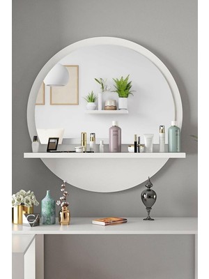 Rafta Tr Yuvarlak Raflı 45 Beyaz Koridor Dresuar Konsol Duvar Salon Banyo Ofis Çocuk Yatak Oda Raflı Aynası, 45X45