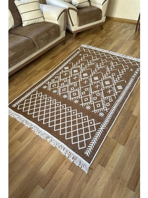 Rafta Pamuk Dokuma Yumuşak Çift Taraflı Yıkanabilir Saçaklı Salon Mutfak Yolluk Kilim Kahve4 120 x 170
