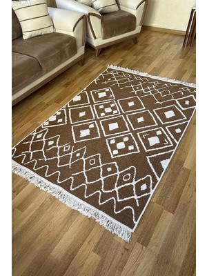 Rafta Pamuk Dokuma Yumuşak Çift Taraflı Yıkanabilir Saçaklı Salon Mutfak Yolluk Kilim Kahve3 120 x 170