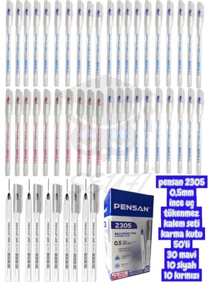 Rafta Tr Pensan 2305 0,5mm Ince Uç Tükenmez Kalem Seti Karma Kutu 50'li 30 Mavi 10 Siyah 10 Kırmızı Türk Malı