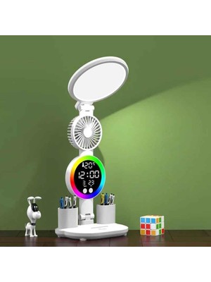 Rafta Techtic LED Masa Lambası Yuvarlak Başlı Fanlı Saatli 3 Renk Rgb Işıklı Dimmer Şarjlı Göz Korumalı
