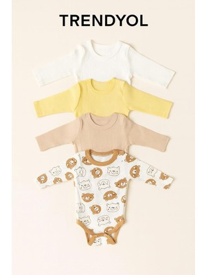 Rafta Myzi Store Yenidoğan Bebek Uzun Kollu Çıtçıtlı Body 4'LÜ%100 Pamuk Badi Zıbın Ekru-Sarı-Capicino-Ayı Desenli 9-12 Ay