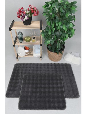 Gy Atelier Modern Bubble Yıkanabilir Kaymaz Peluş Banyo Paspası Halısı 2li Klozet Takımı 50X80-50X40CM Antrasit