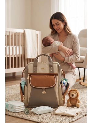 Gy Atelier Focux Premium Kumaş Anne Bebek Bakım Çantası Vizon