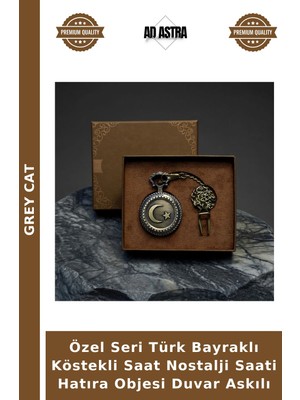 Grey Cat Özel Seri Türk Bayraklı Köstekli Saat Nostalji Saati Hatıra Objesi Duvar Askılı