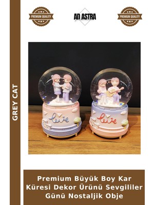Grey Cat Premium Büyük Boy Kar Küresi Dekor Ürünü Sevgililer Günü Nostaljik Obje