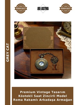 Grey Cat Premium Vintage Tasarım Köstekli Saat Zincirli Model Roma Rakamlı Arkadaşa Armağan