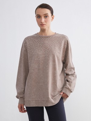 LC Waikiki Lcw Comfort Kahverengi Bisiklet Yaka Taşlı Kadın Sweatshirt