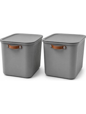 Die Grup Tr 23 Litre Kapaklı Organizer Kutu, 2'li Paket, Yan Kulplu Plastik Saklama ve Depolama Kutusu, 40 × 30 × 25 cm (Gri)