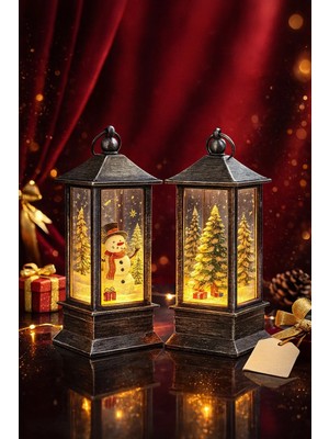 Ersert Ers LED Işıklı Noel Feneri 2’li Set – Kardan Adam & Çam Ağacı Temalı Dekoratif Yılbaşı Lambası 14 cm