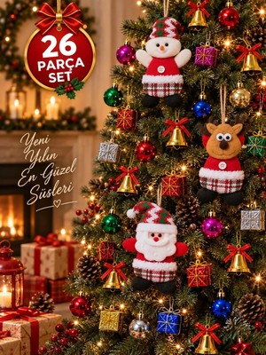 Ersert Ers 26 Parça Yılbaşı Ağacı Süs Seti Noel Baba Kardan Adam Geyik Top Çan Hediye Paketi Dekorasyon