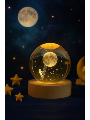 Ersert Ers 3D Ay Merdiveni Temalı Kristal Küre Gün Işığı LED Gece Lambası – Usb'li Ahşap Standlı LED Lamba