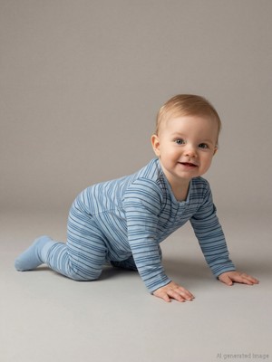 LC Waikiki Lcw Baby Mavi Bisiklet Yaka Çizgili Erkek Bebek Tulum