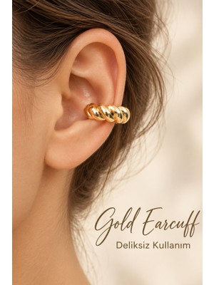 Moonzy Minimalist & Cozy Vintage Esintili Bombeli Burgulu Earcuff Küpe Hafif Deliksiz Kullanım , Gold Renk