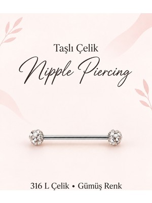 Moonzy Minimalist & Cozy 316L Çelik Kristal Taşlı Nipple Piercing Dil ve Göğüs Ucu Barbell 16 mm Gold Gümüş