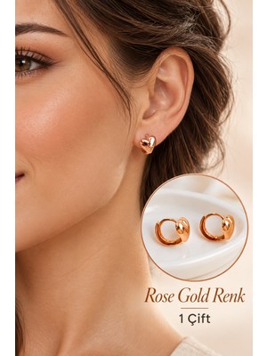 Moonzy Minimalist & Cozy Bombeli Kalp Küpe Rose Gold Renk Günlük Kullanıma Uygun